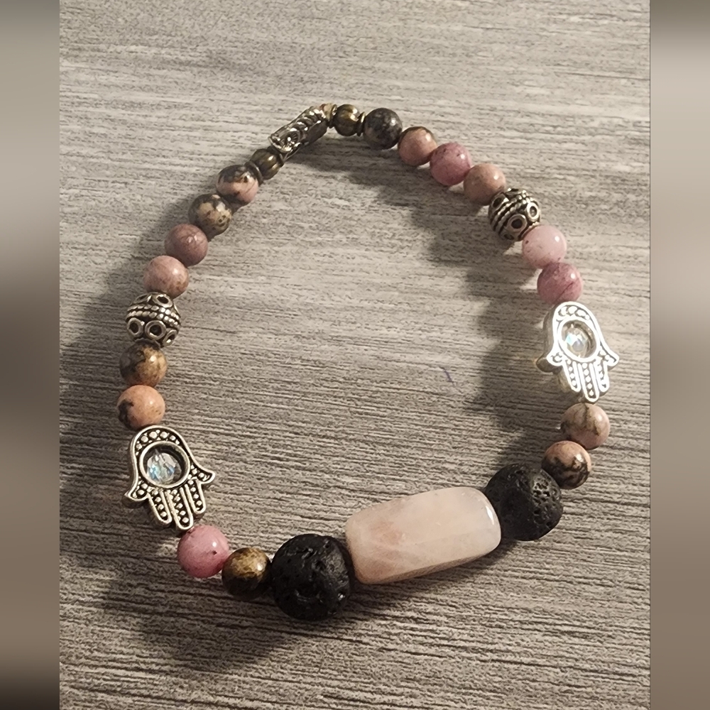 Silver and Pink Beaded Bracelet ( Tourmaline And Jade Stones)